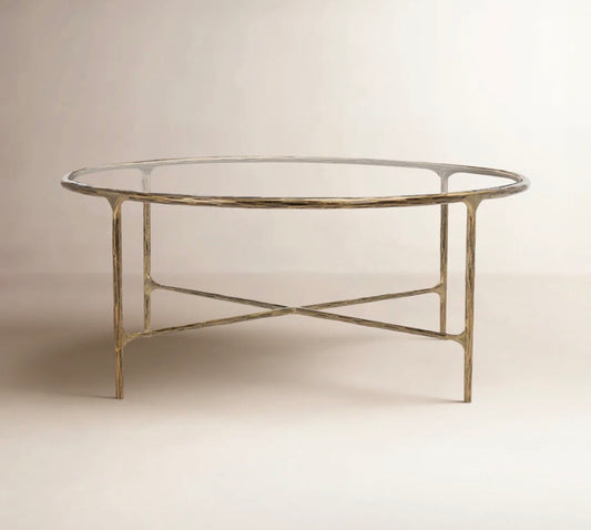 36” round glass coffee table w/ hammered brass iron frame ✨