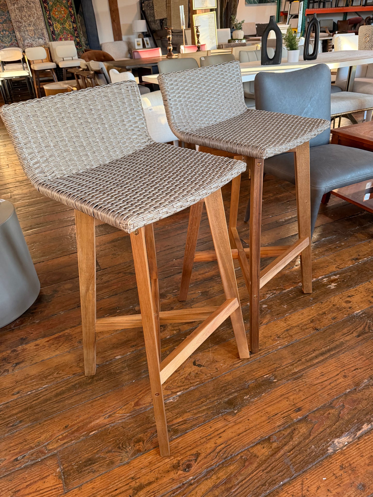 2 light brown & teak rustic acacia wood barheight barstools🍻