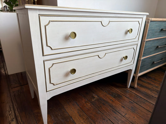 2-drawer nightstand in linen finish w/ antique gold  ✨
