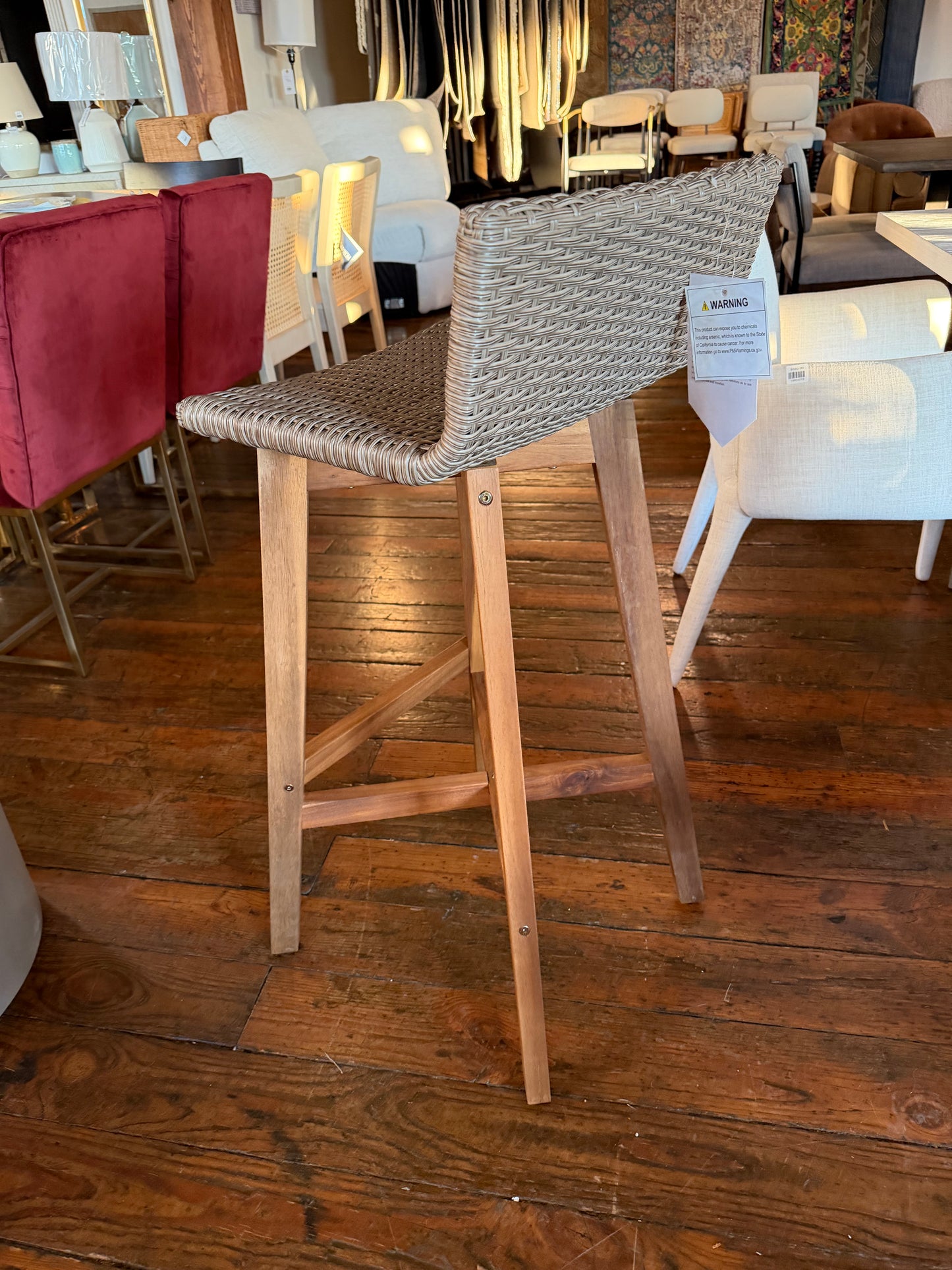 2 light brown & teak rustic acacia wood barheight barstools🍻