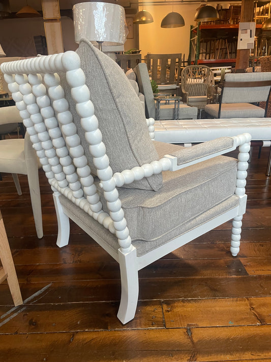 Spindle accent chair w/ white wood frame & smoke grey cushion 🩶