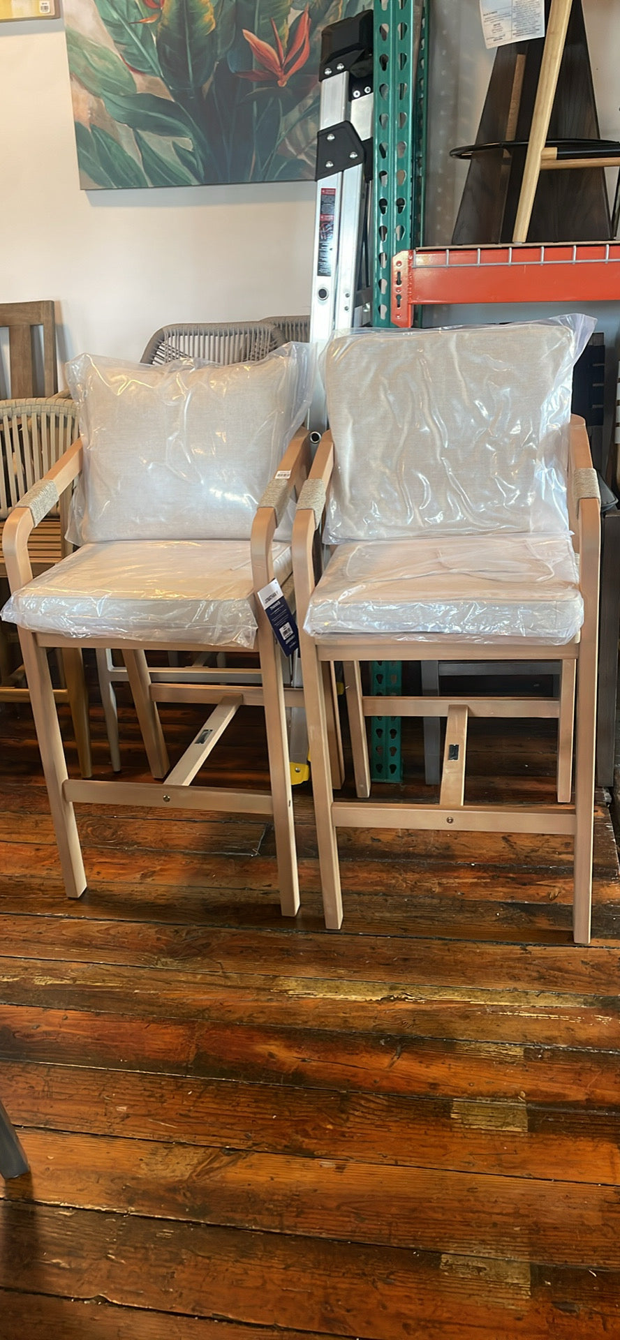 2 modern coastal roped acacia wood beige/light teak indoor / outdoor counterheight barstools 🍸