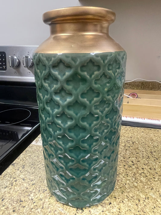 Green & gold 12” ceramic vase ✨