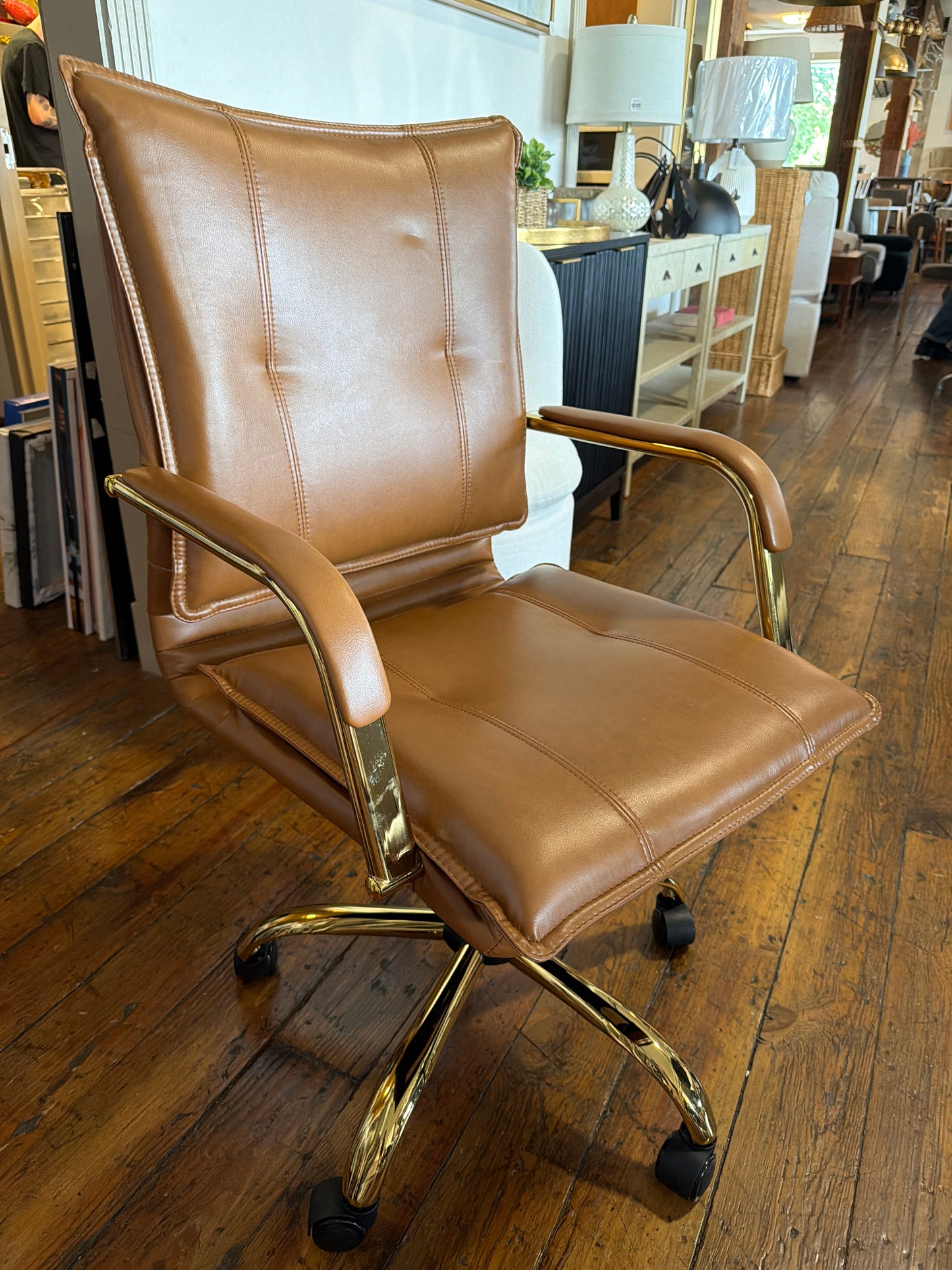 Faux brown leather swivel desk chair w/ gold frame ✨