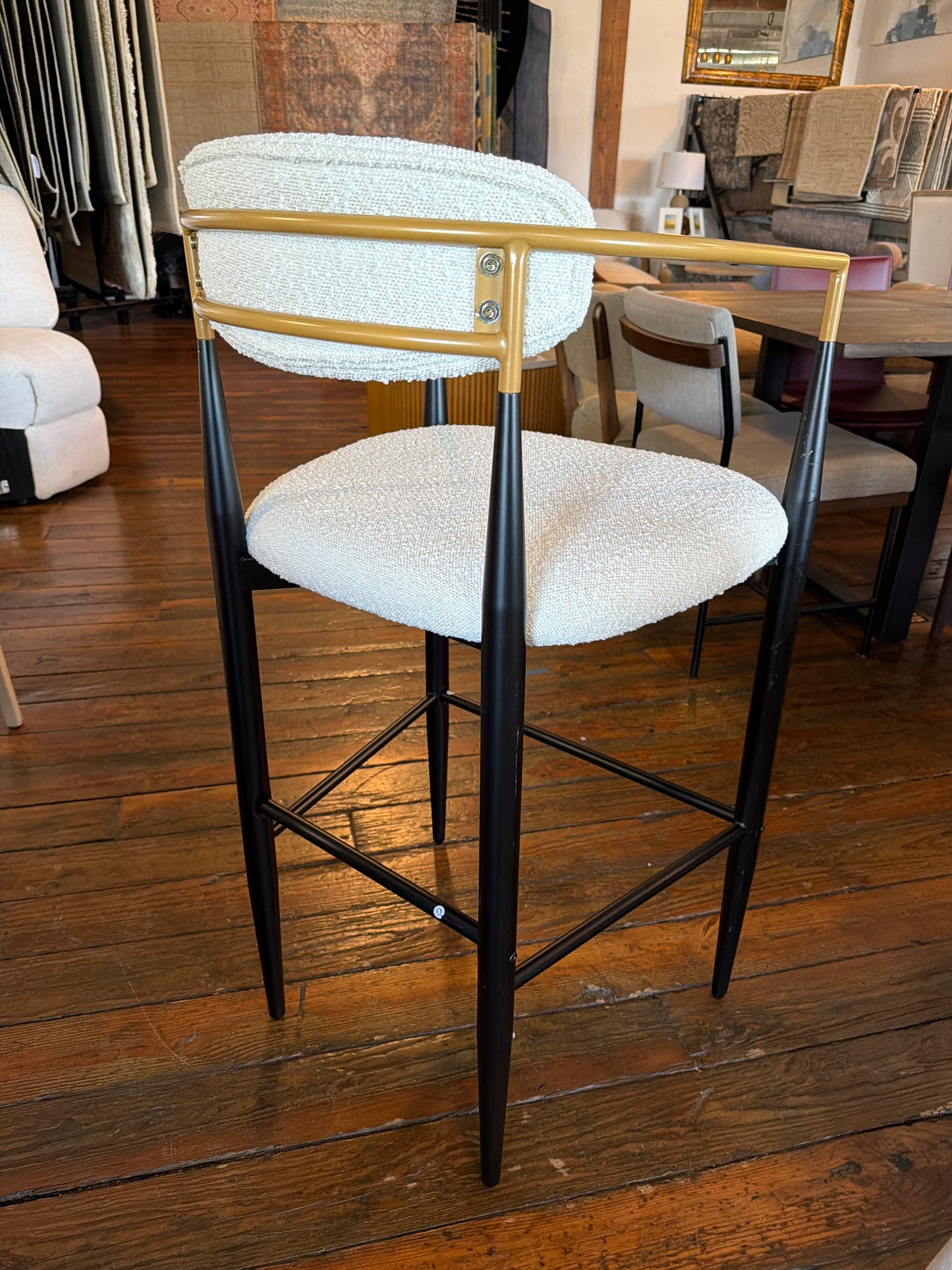 Modern cream boucle barheight barstool with black & gold iron frame ✨