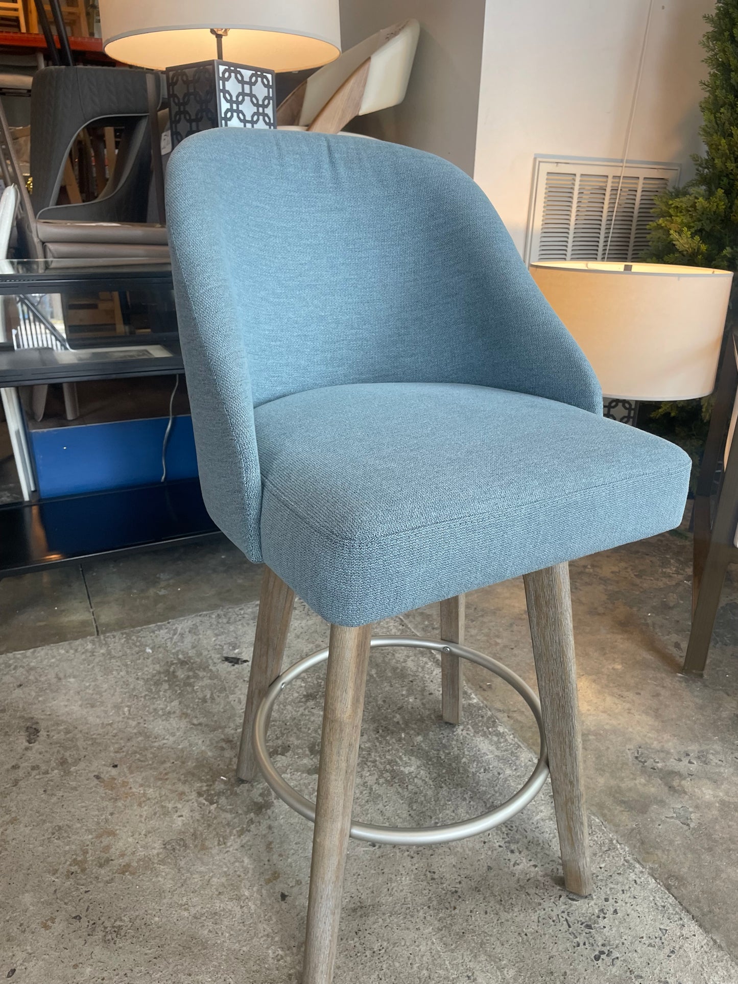 Blue linen fabric counterheight swivel barstool 🥂