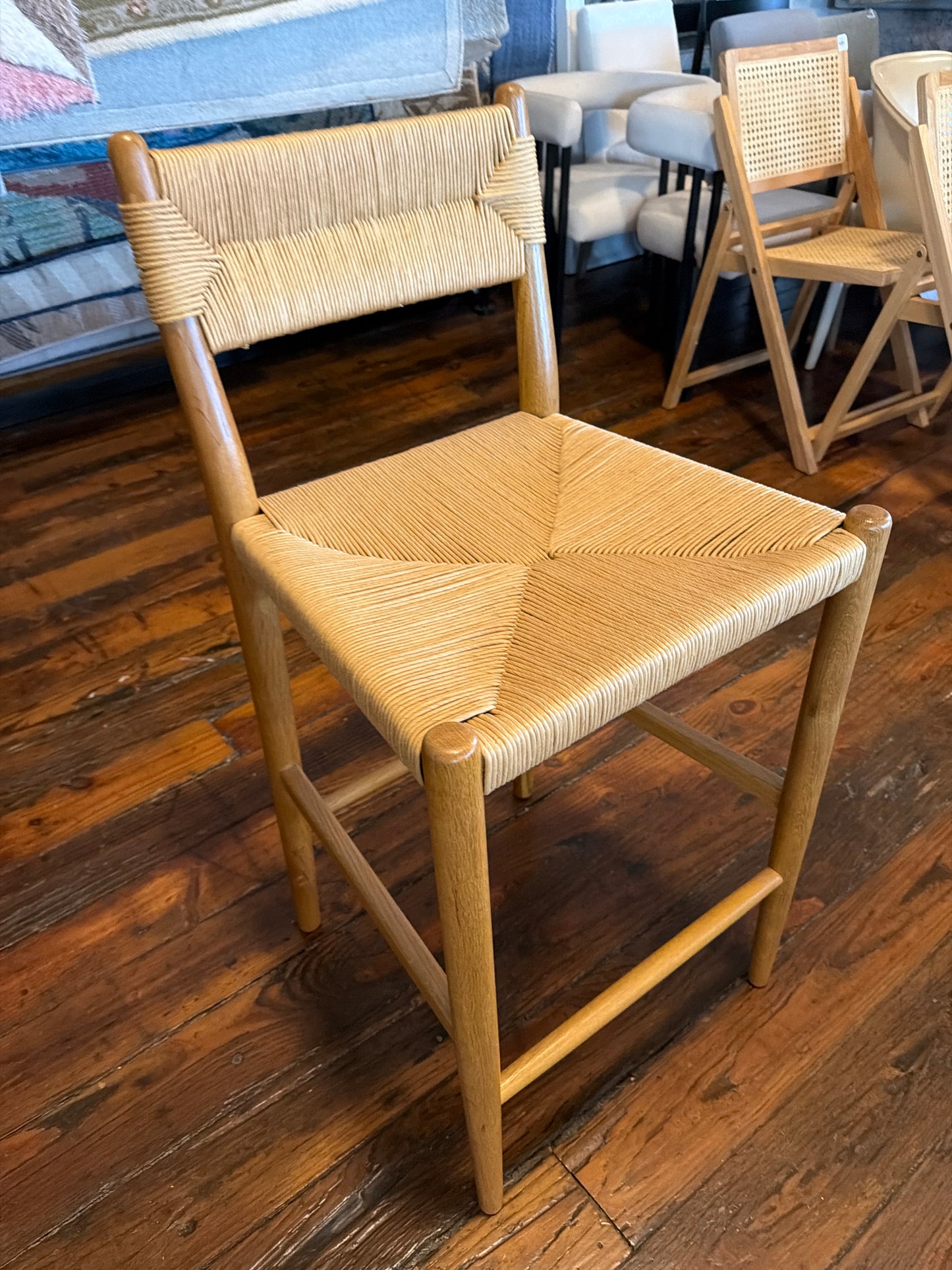 Four Hands neutral brown wood counterheight barstool w/ woven back & seat 🌺