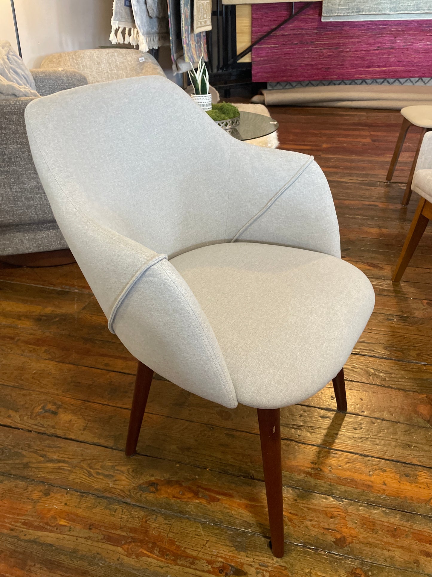 Modern upholstered grey dining chair w/ brown wood legs 🪑