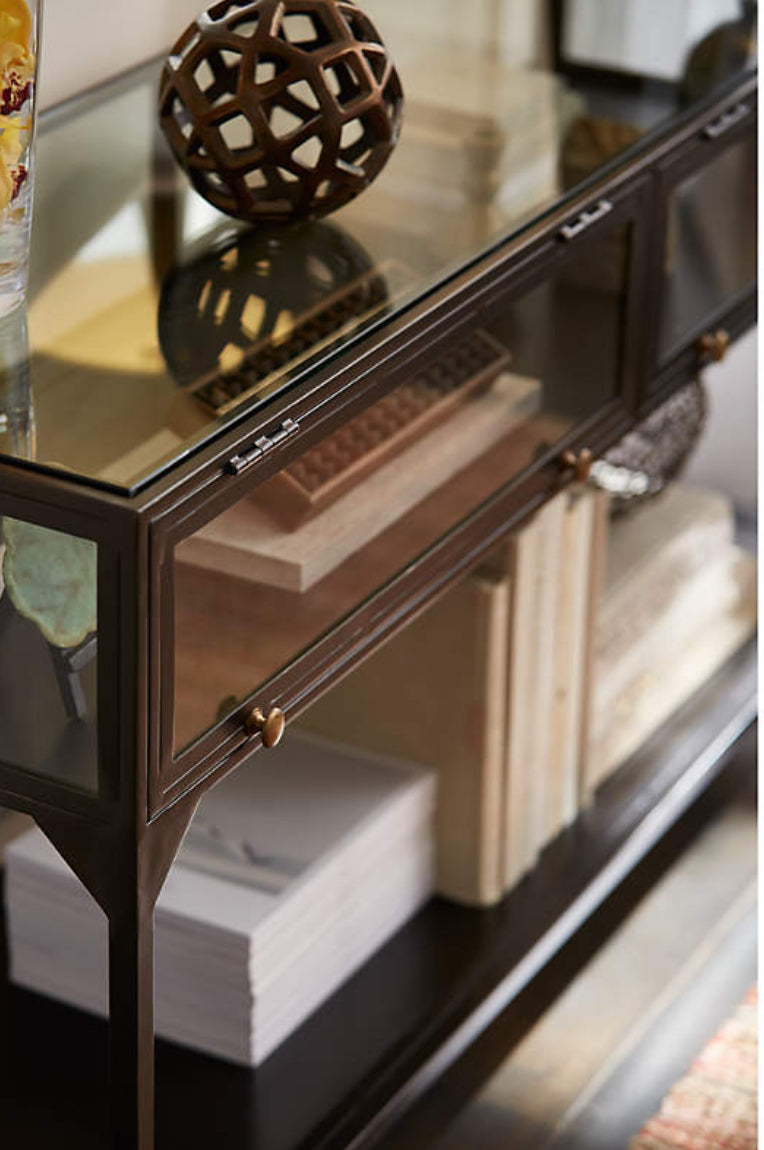 CB2 54" black iron & glass console table w/ storage 🥃