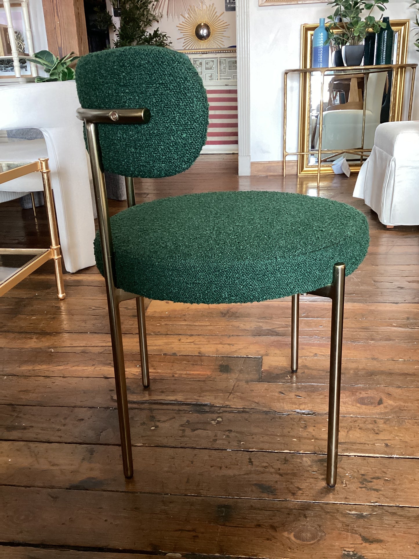 Emerald green boucle & gold accent chair ✨