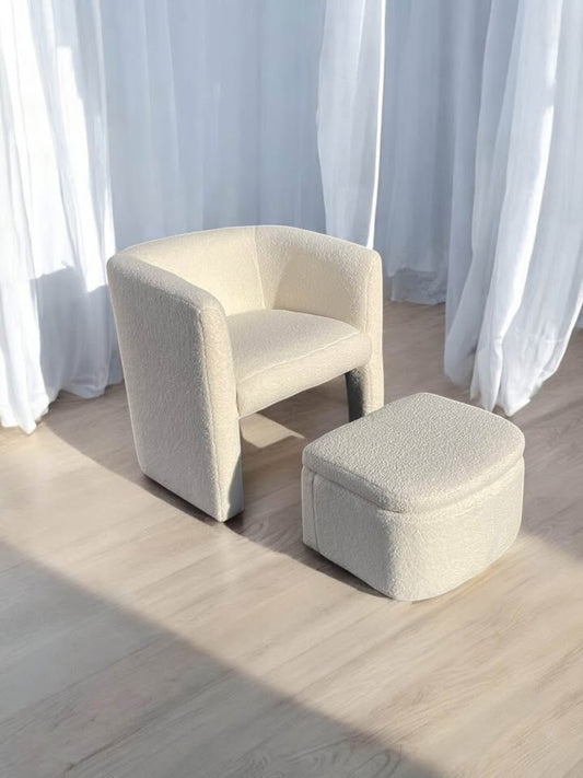 White boucle accent chair w/ storage ottoman 🤍