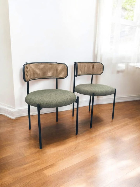Green boucle & wicker dining chairs 🌻