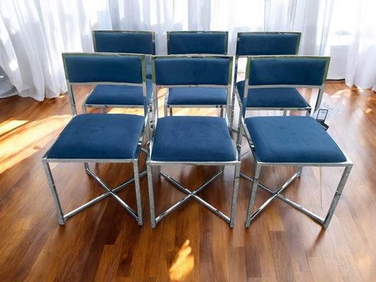 6 blue velvet & silver chrome chairs 💙