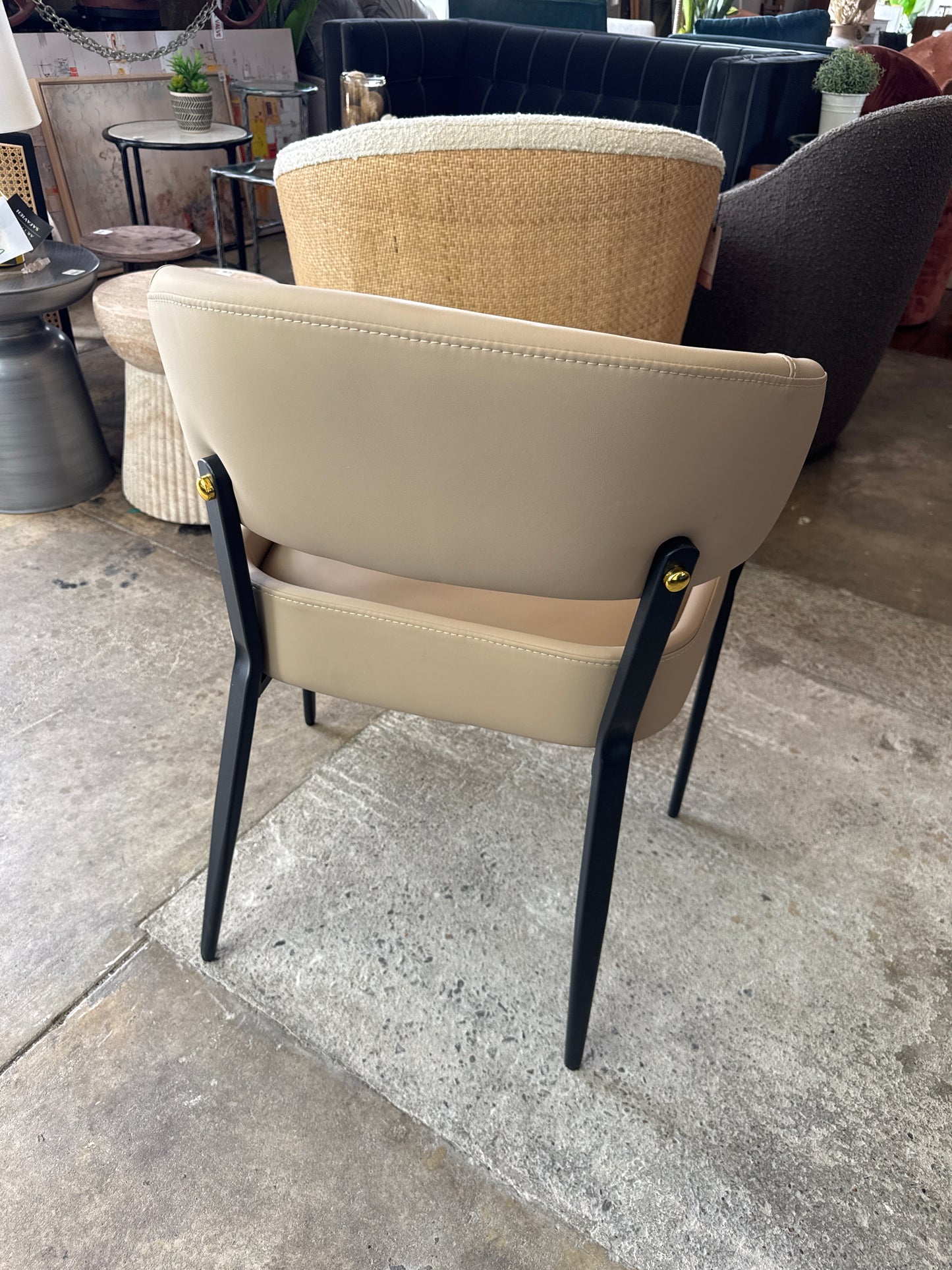 Taupe vegan leather dining or accent chair with gold and black legs ✨