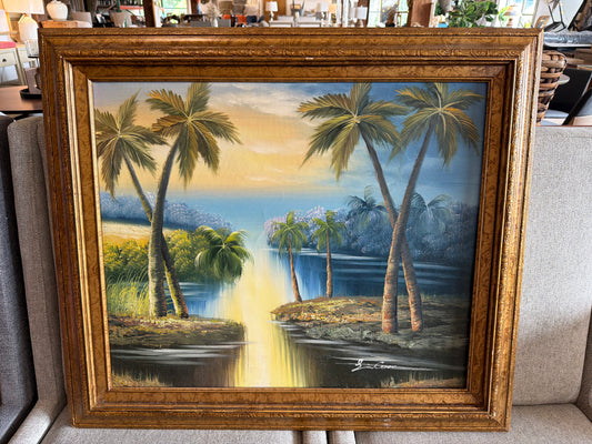 Vintage hand painted 27x30 palm tree canvas ✨