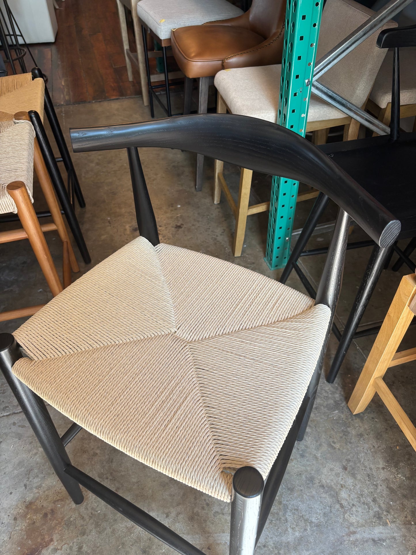 Natural woven counterheight barstool w/ modern black wood back 🌻