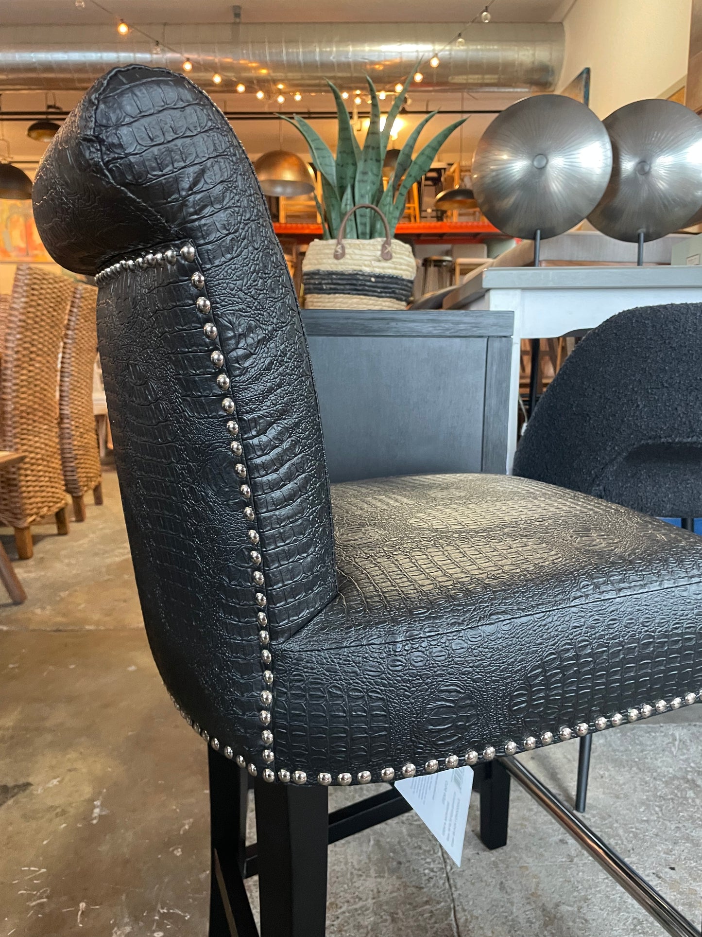2 faux black crocodile counterheight barstools w/ nailhead trim 🥂