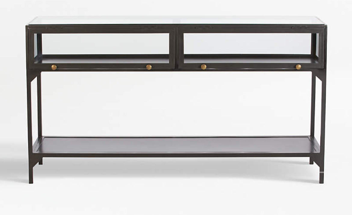 CB2 54" black iron & glass console table w/ storage 🥃