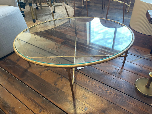 Oval glass coffee table w/ gold hammered iron frame ✨