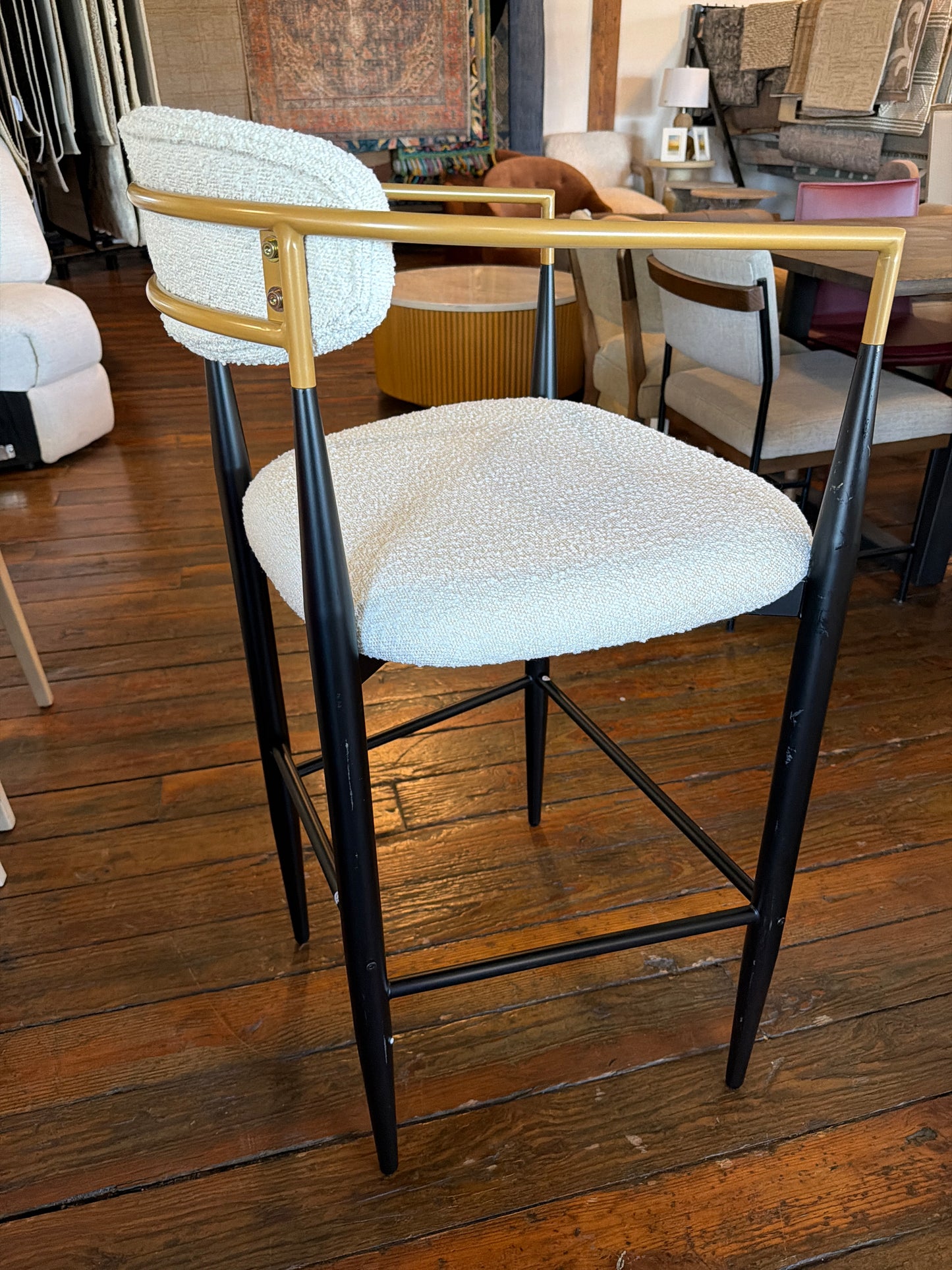 Modern cream boucle barheight barstool with black & gold iron frame ✨