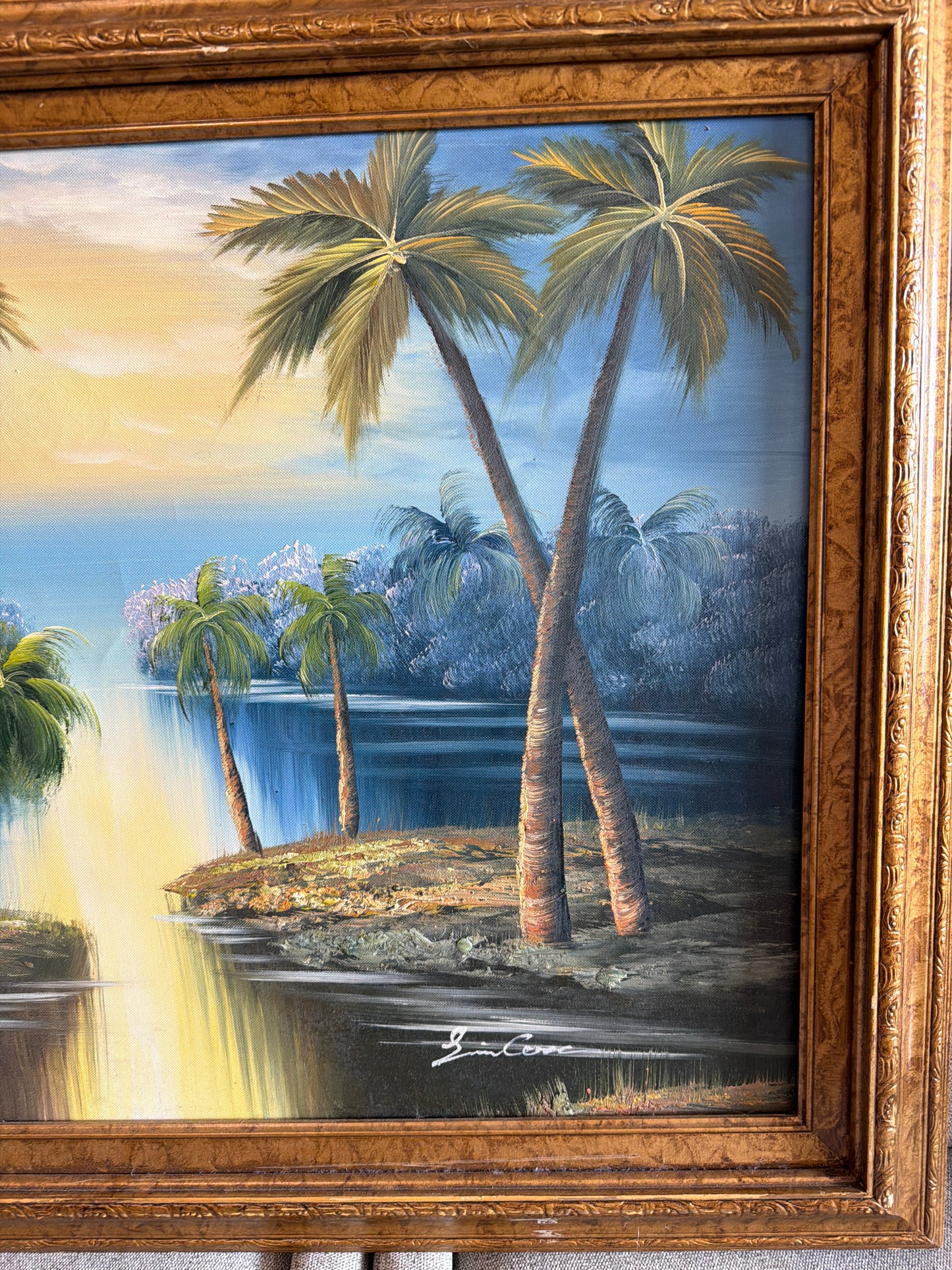 Vintage hand painted 27x30 palm tree canvas ✨