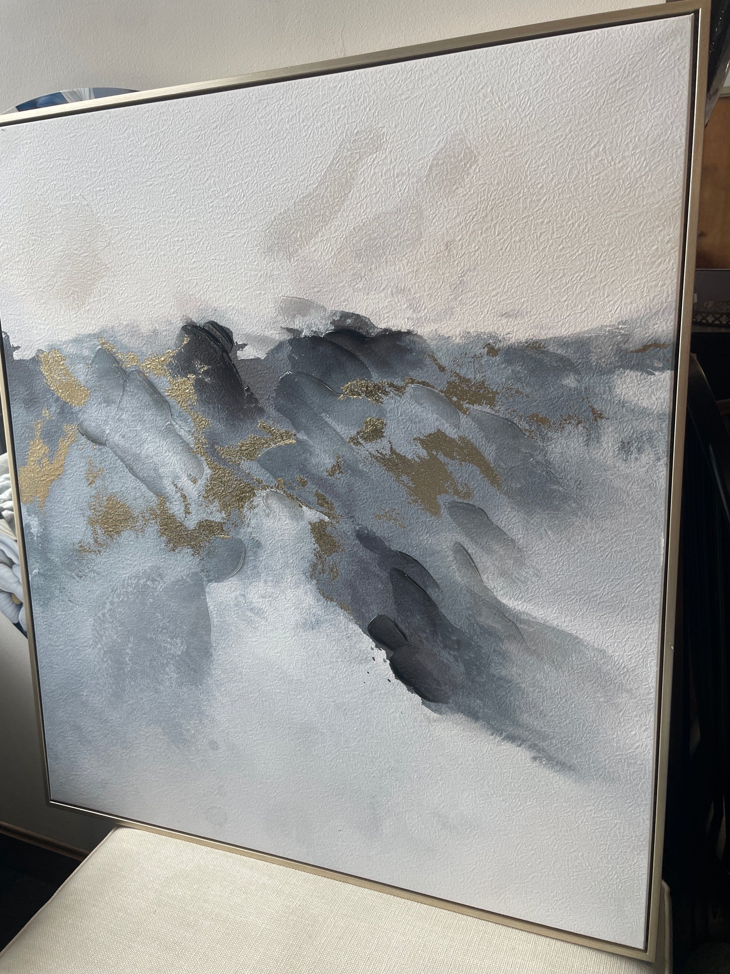 Gold-framed 33x37 abstract blue, grey, & gold art ✨