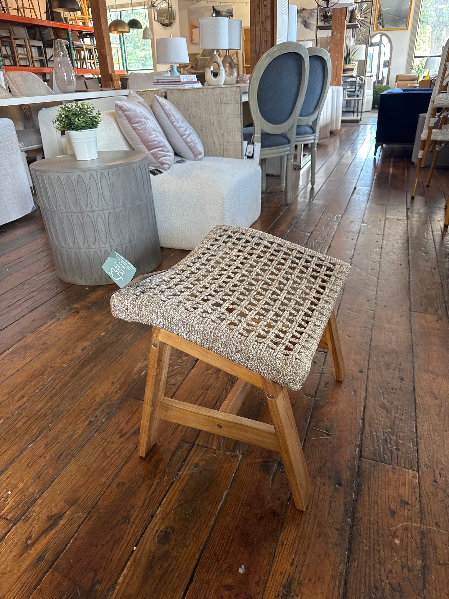 Outdoor Interiors solid teak & nautical rope all-weather ottoman