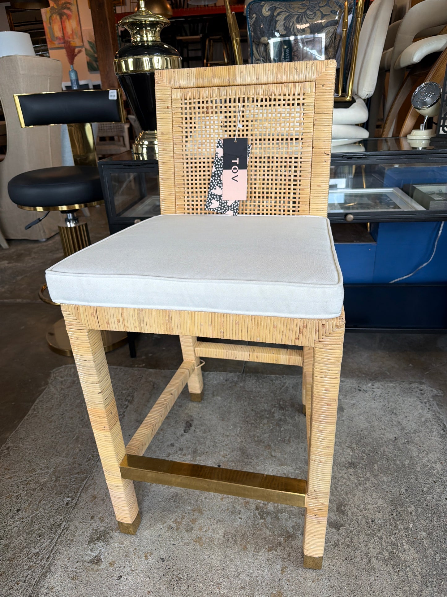 Handwoven coastal woven counterheight  barstool w/ gold bar & white cushion & bow 🌻