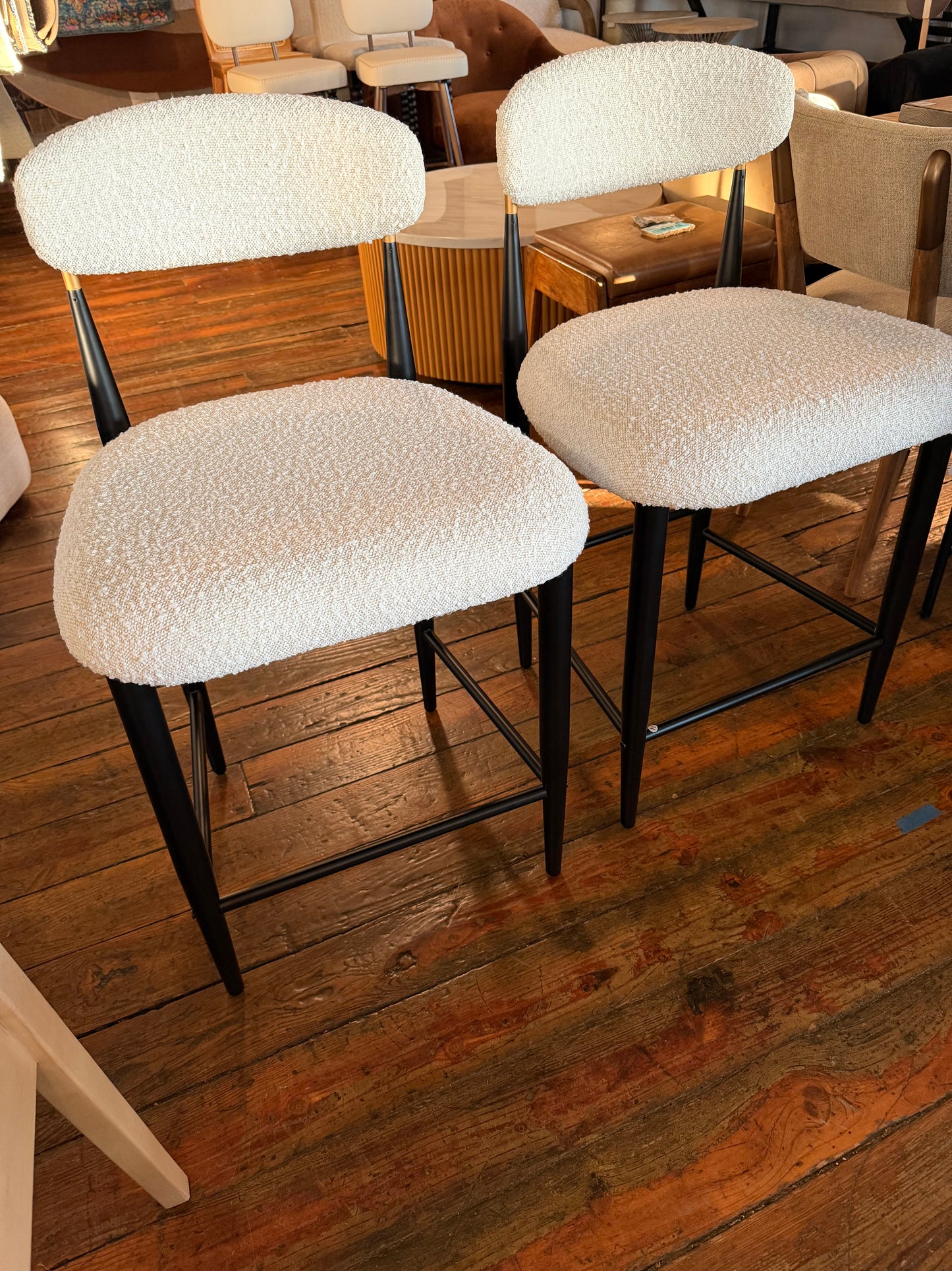 2 modern cream boucle counterheight barstools w/ black & gold frame 🍸