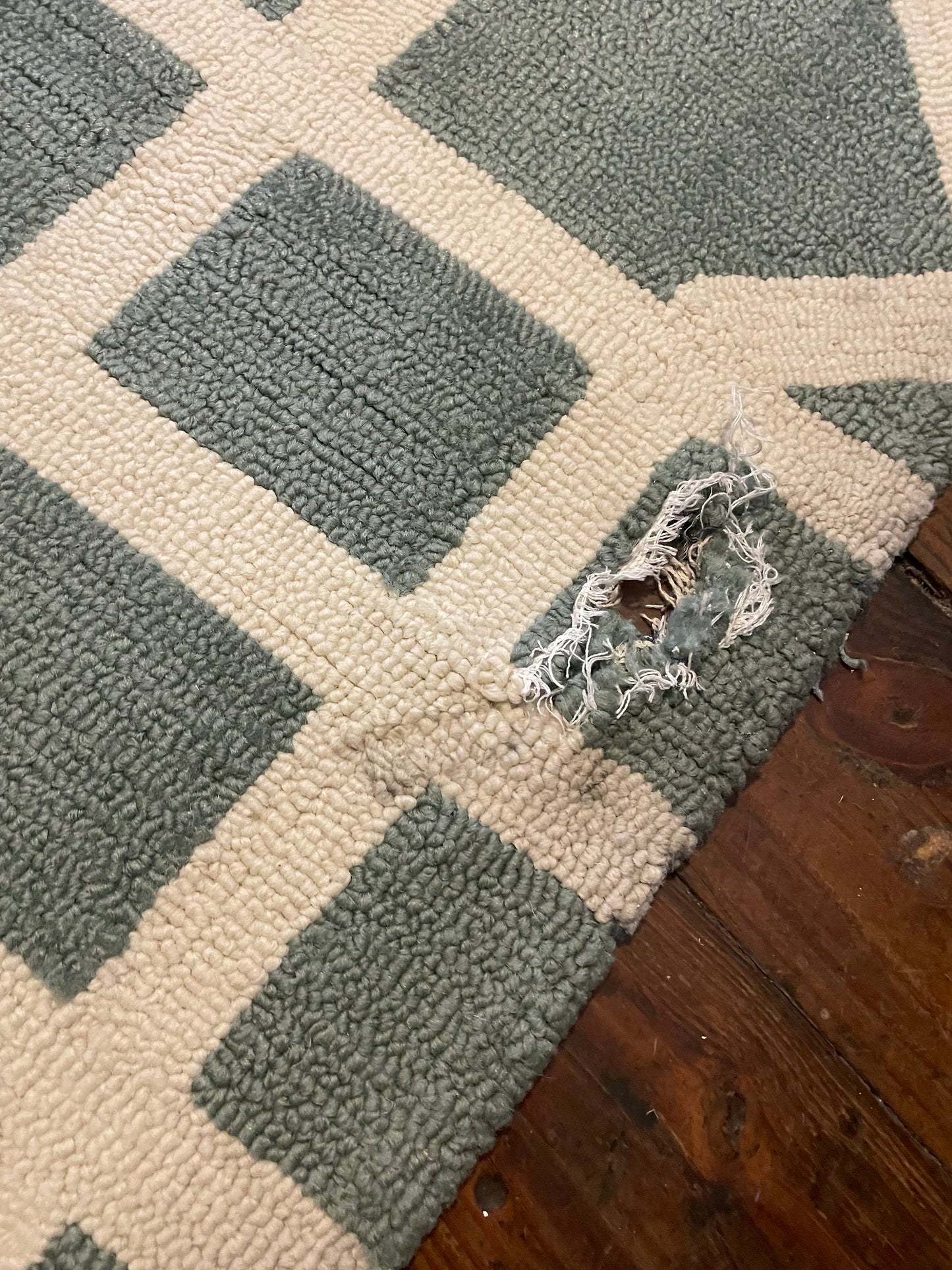 5x8 green & white abstract rug (small hole) 🤍