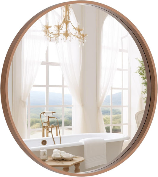24" round walnut wood mirror