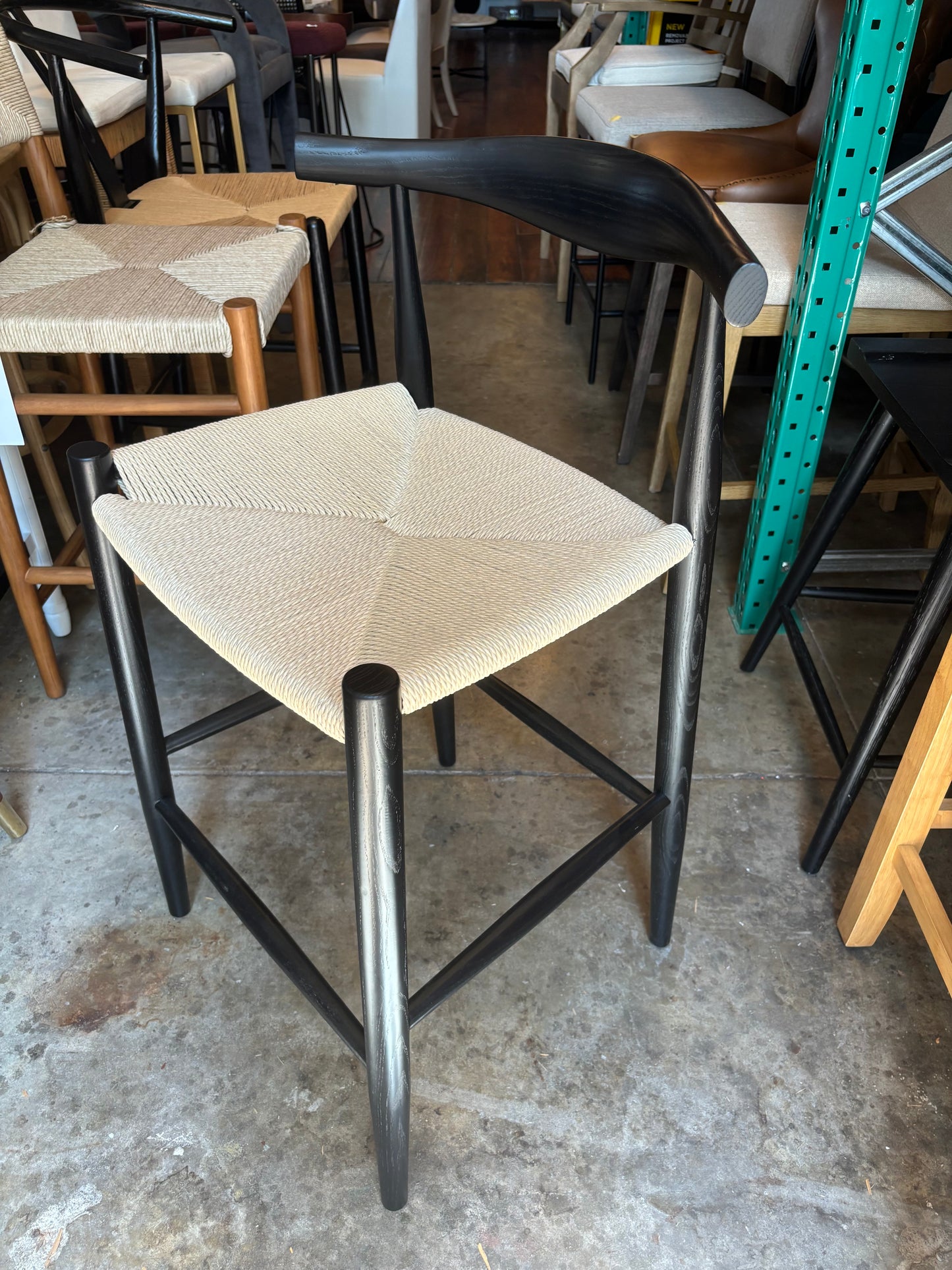 Natural woven counterheight barstool w/ modern black wood back 🌻