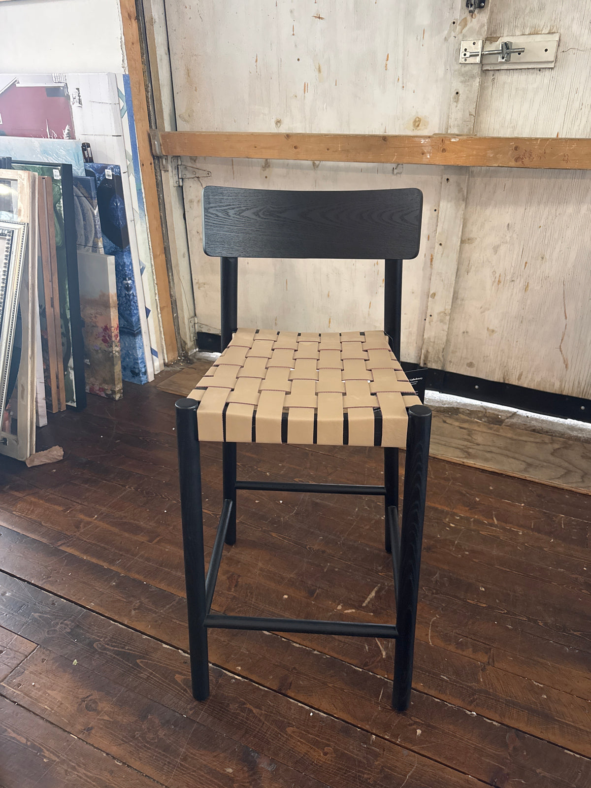Four Hands almond leather & black wood counterheight barstool 🪑