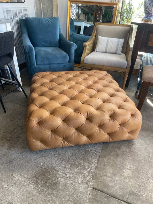 Genuine brown leather tufted 40" square Poly & Bark ottoman 🥃