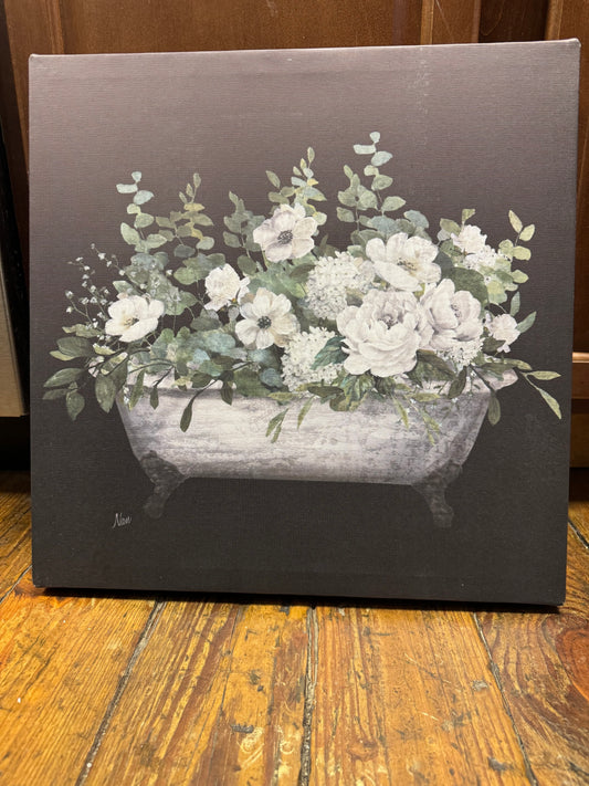 17x17 vintage clawed bathtub botanical white floral canvas🛀