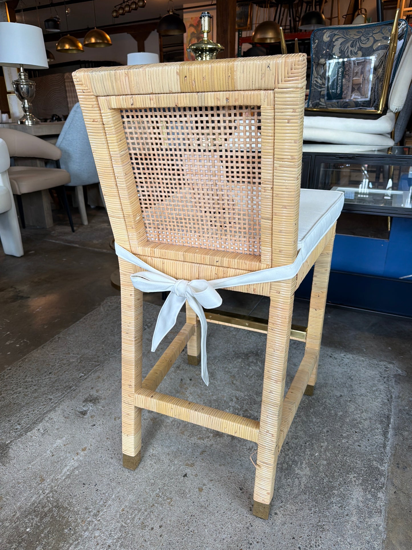 Handwoven coastal woven counterheight  barstool w/ gold bar & white cushion & bow 🌻