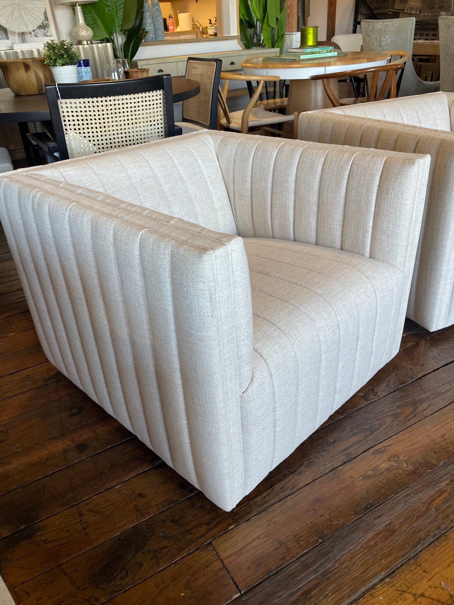 Four Hands swivel beige linen channel tufted armchair 🪴