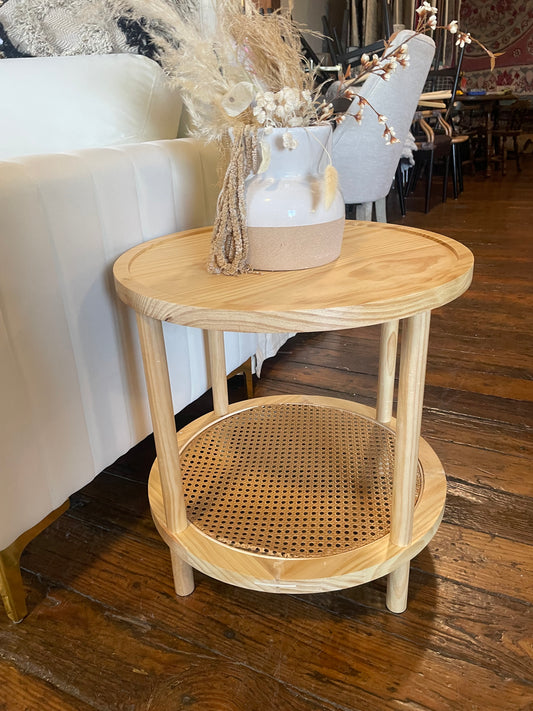 Nathan James light wood end table w/ rattan shelf 🪴