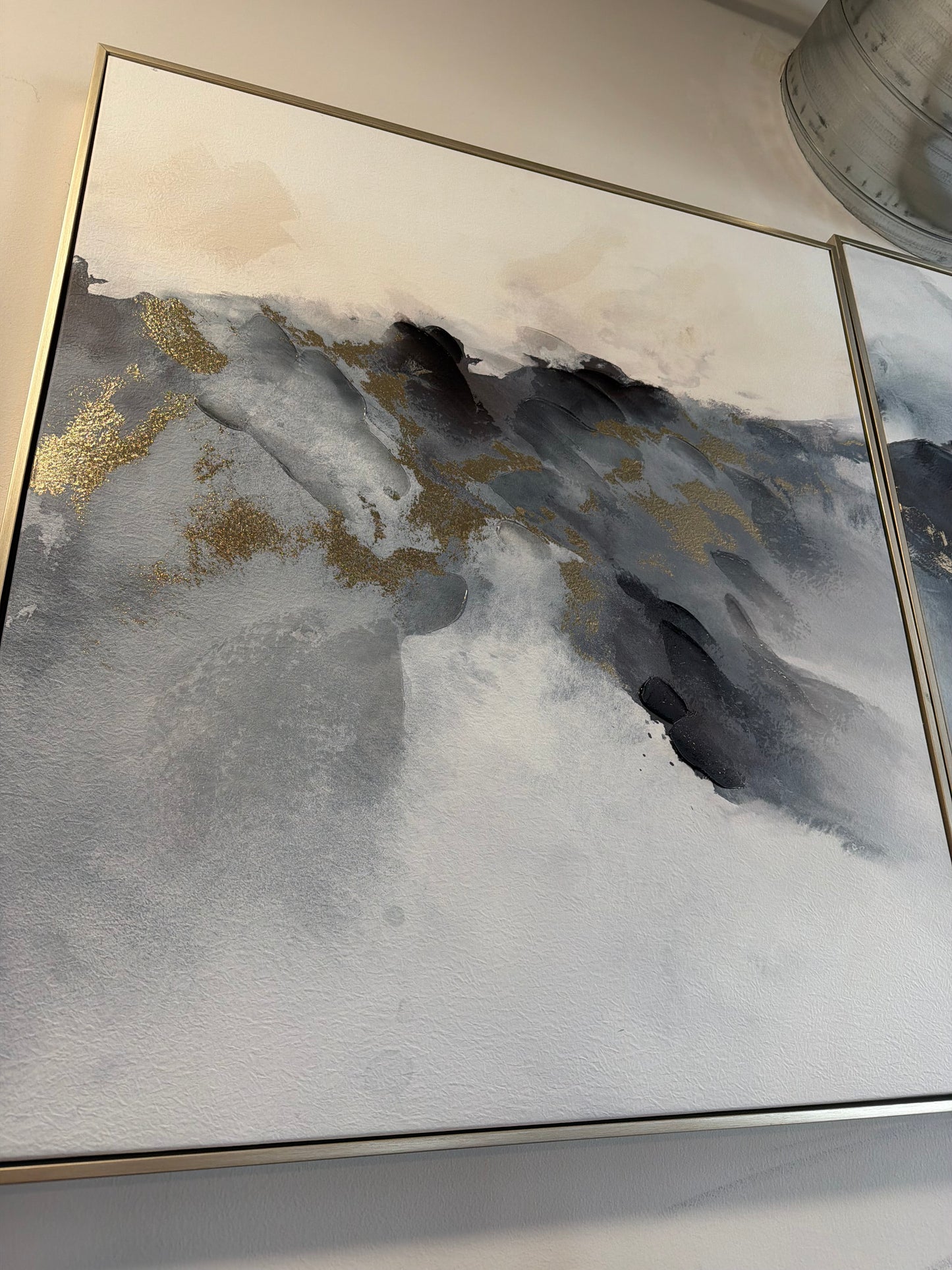 Gold-framed 33x37 abstract blue, grey, & gold art ✨