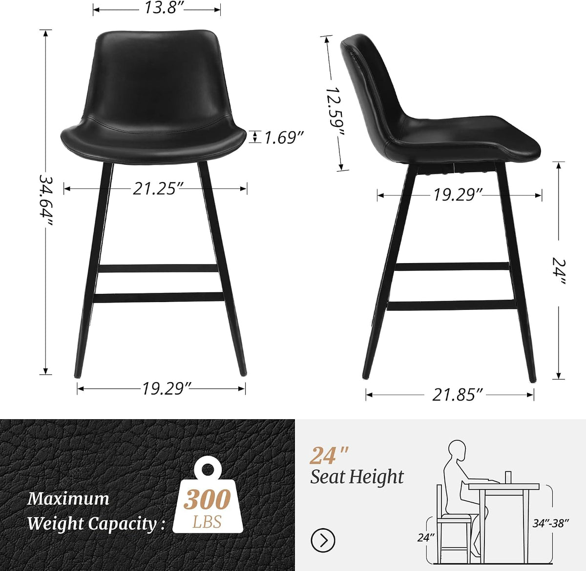 2 modern black bucket counterheight barstools