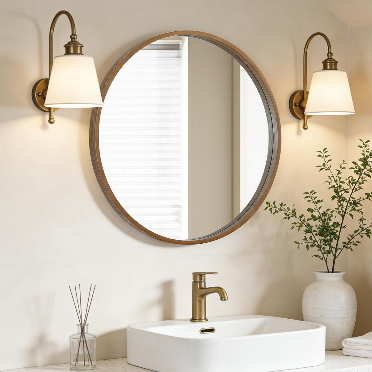 24" round walnut wood mirror