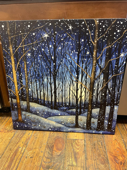 Festive 30” square starry night winter woodscape canvas 🌃