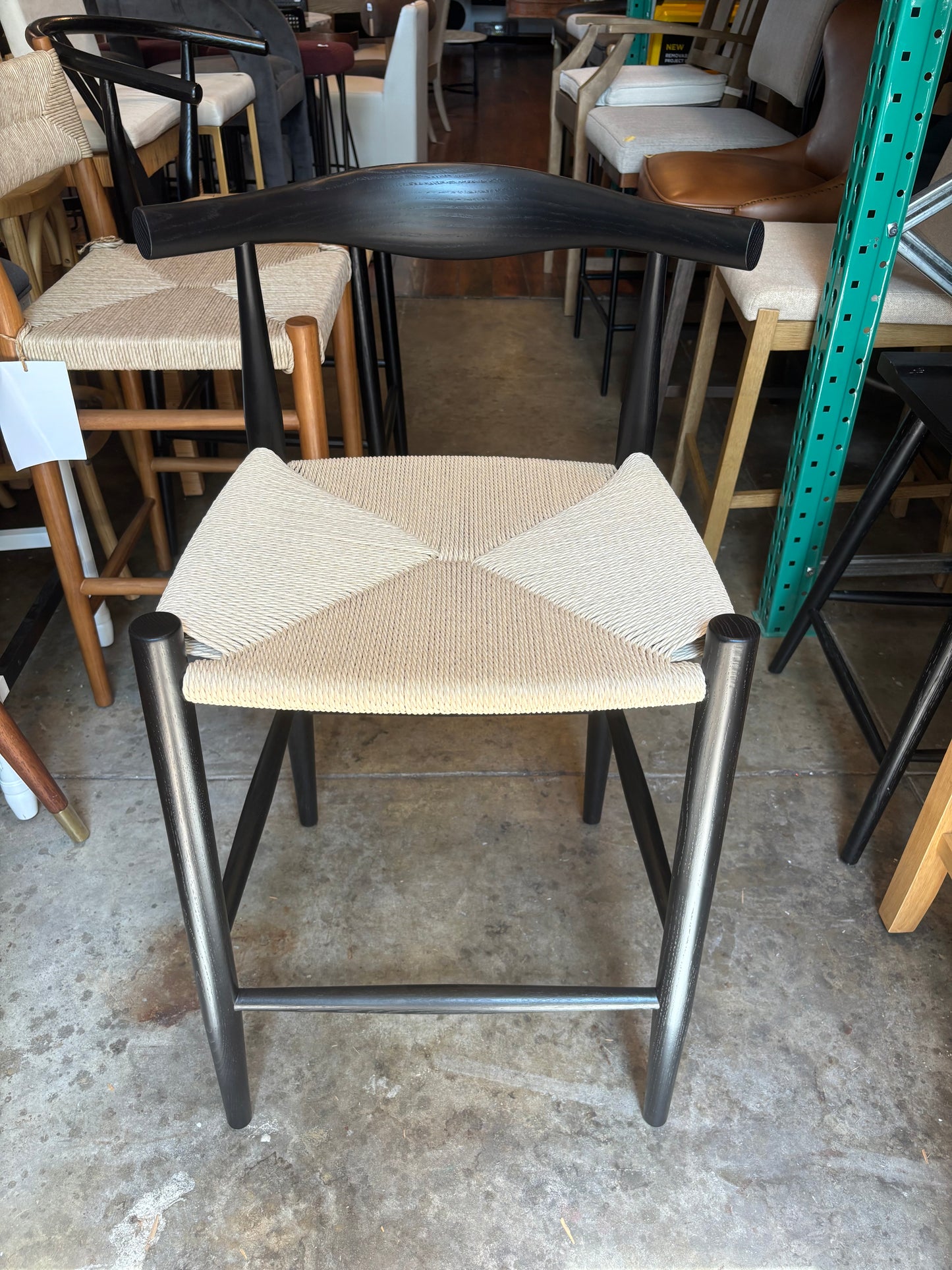 Natural woven counterheight barstool w/ modern black wood back 🌻