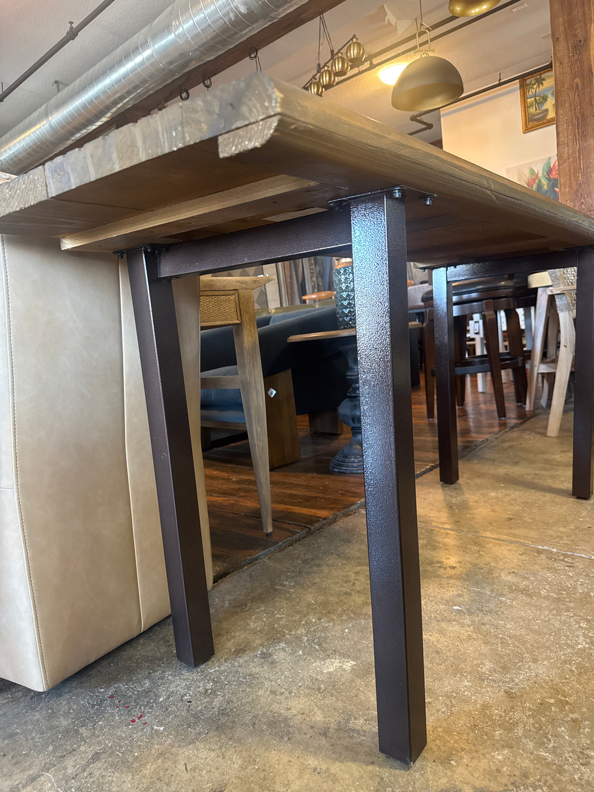 70x32” rustic wooden console table w/ brown metal accents