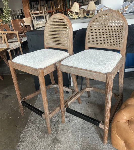 2 Ivory boucle curved cane rattan counterheight barstools🍷