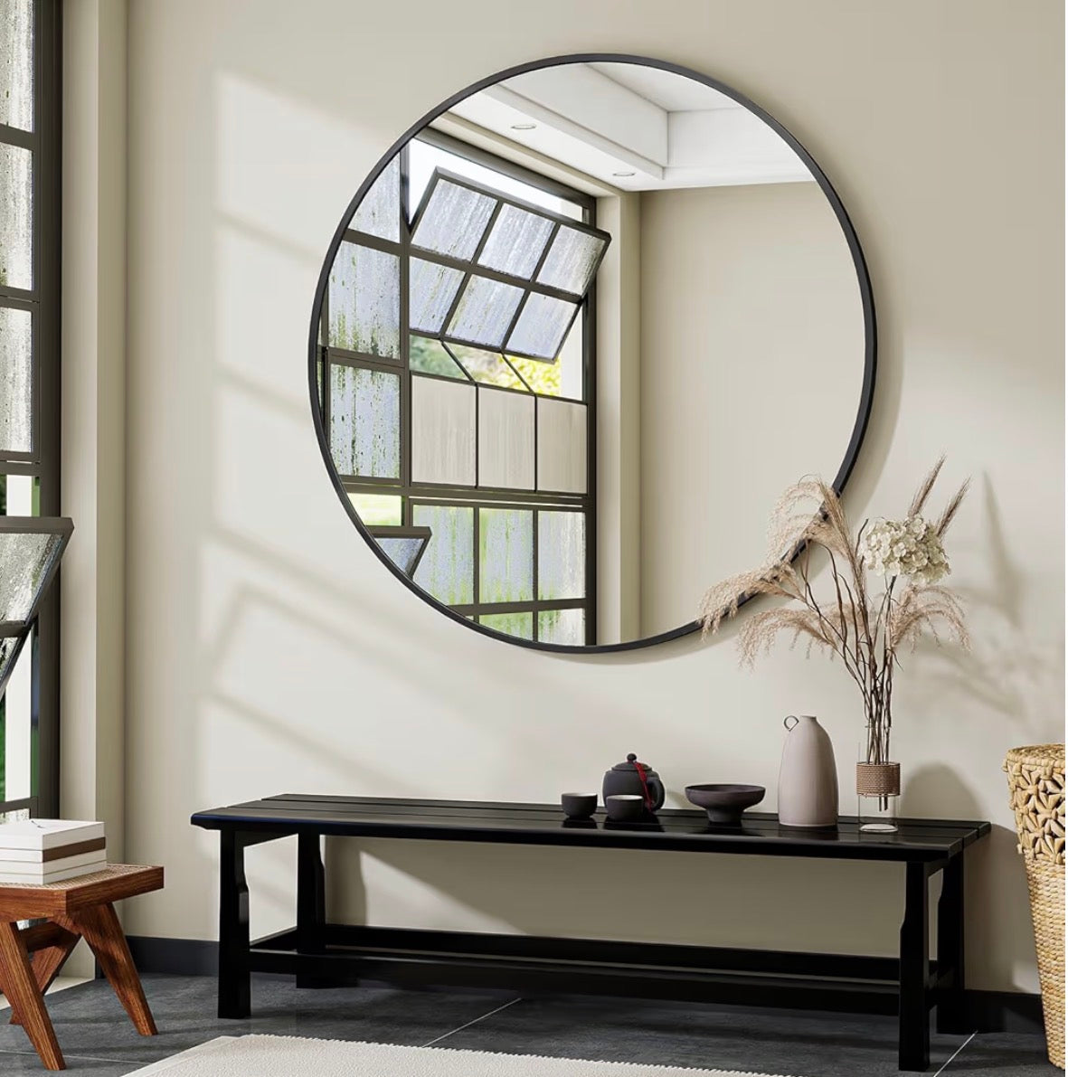 48” round black-framed mirror 🖤