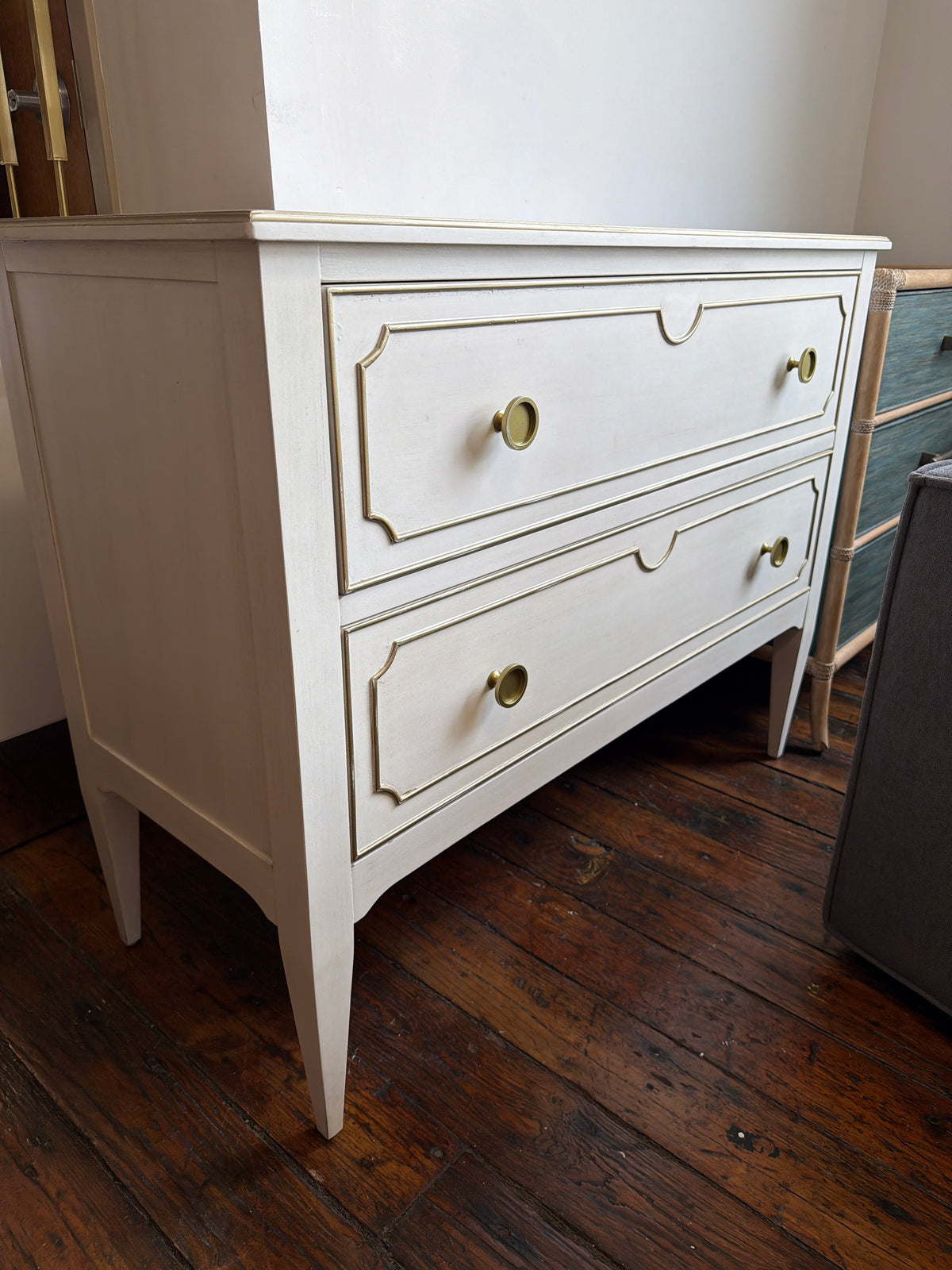 2-drawer nightstand in linen finish w/ antique gold  ✨