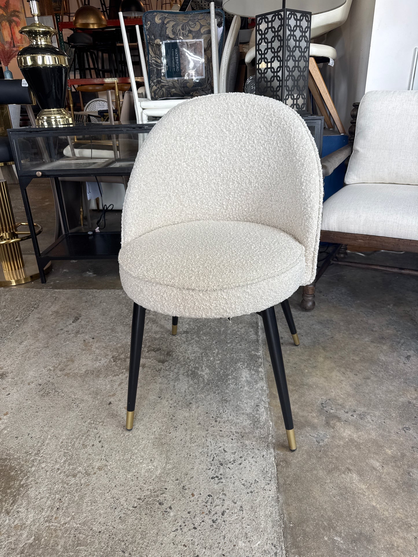 Cream boucle, performance fabric Eichholtz dining chairs with black & gold legs ✨