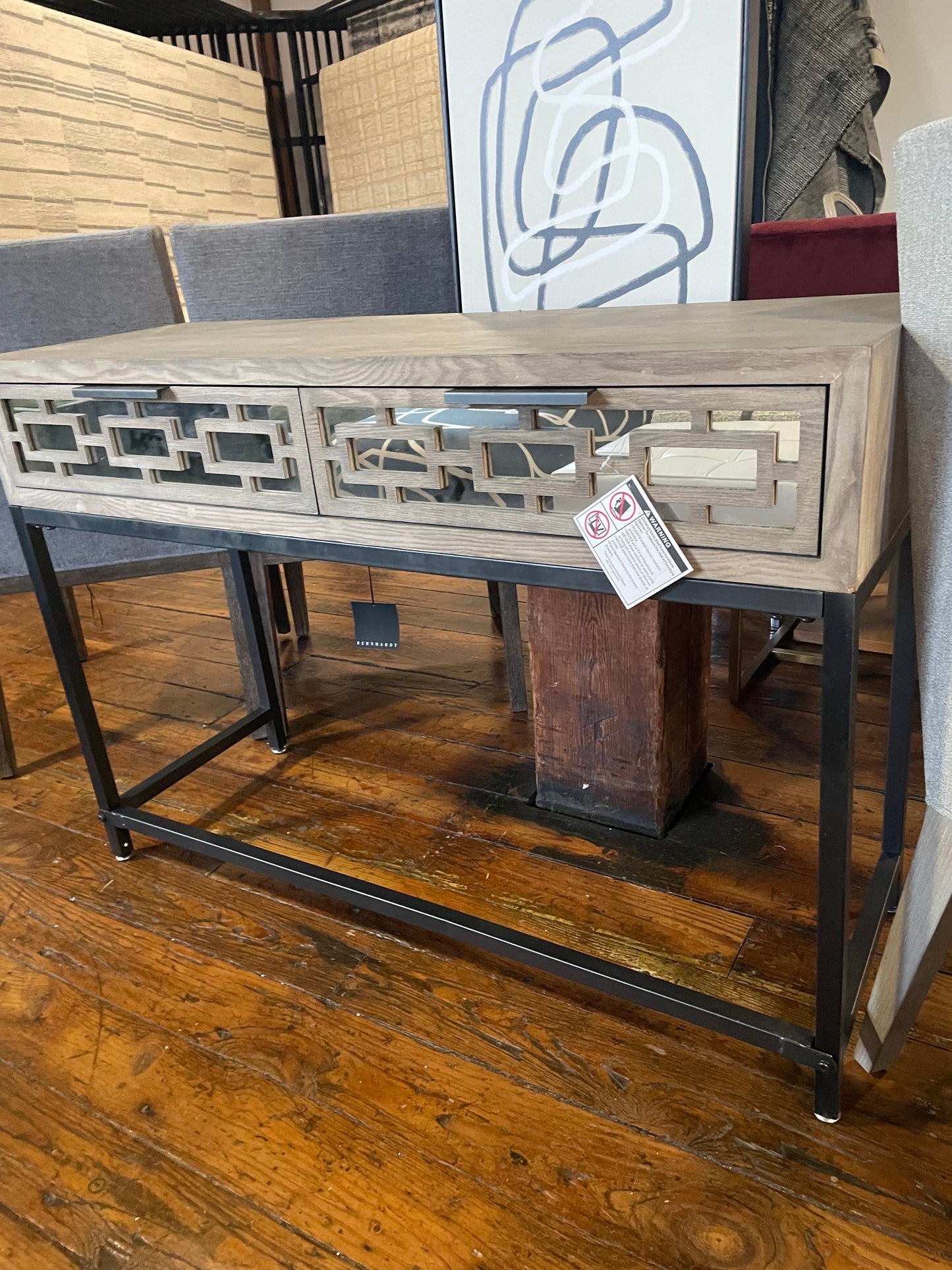Tommy Hilfiger grey weathered wood console table w/ mirrored drawers 🩶