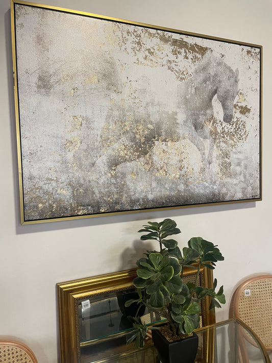 Framed 24x36 gray & gold horse print 🐎